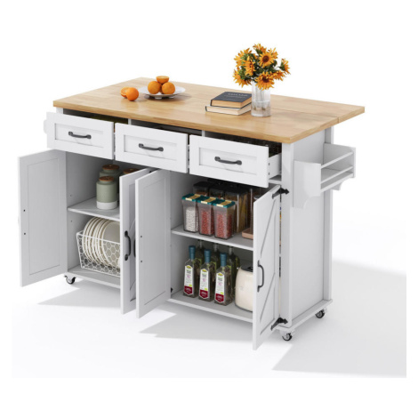Modfu KUCHYNSKÝ ostrovček z MDF 140x70x90,5 cm biela/prírodná so sklápacou doskou, zásuvkami a k