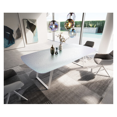DELIFE Jedálenský stôl Edge zaoblený tvar 240x120 cm reliéfne sklo perleť 3D dizajn kov šikmý bi