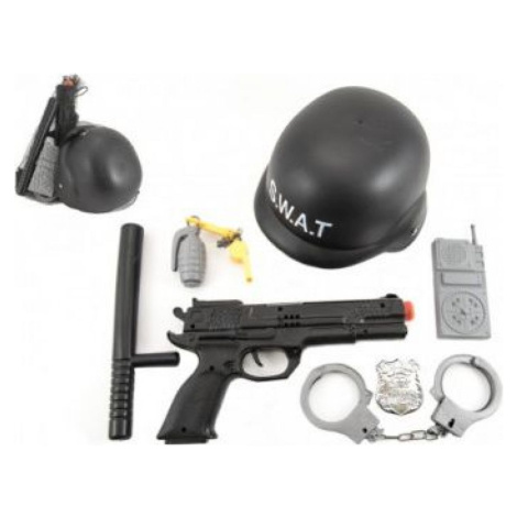 Sada policie helma + pistole na setrvačník s doplňky bílá Policie Teddies