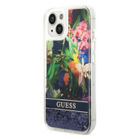 Plastové puzdro Guess na Apple iPhone 14 GUHCP14SLFLSB Flower Liquid Glitter modré