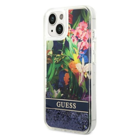 Plastové puzdro Guess na Apple iPhone 14 GUHCP14SLFLSB Flower Liquid Glitter modré