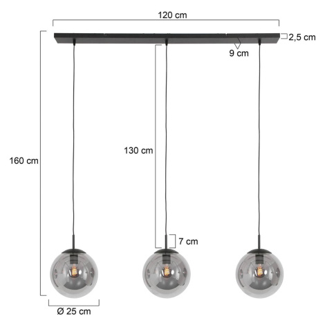 Závesné svietidlo Bollique, 3 svetlá, dlhé, čierne, sklo