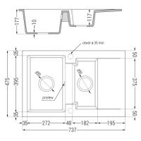 Mexen Gaspar, 1,5-komorový granitový drez 737x475x177 mm a drezová batéria Flora, čierna škvrnit