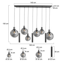 Závesné svietidlo Bollique, čierne, 9 svetiel, sklo, kov