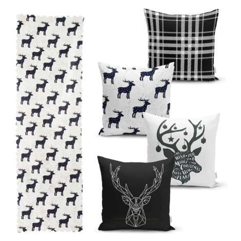 Súprava 4 vianočných obliečok na vankúš a behúň na stôl Minimalist Cushion Covers Reindeer and S