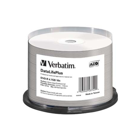 Verbatim DVD-R, DataLifePlus Wide Inkjetr Printable, 43744, 4.7GB, 16X, cake box, 50-pack, 12cm,