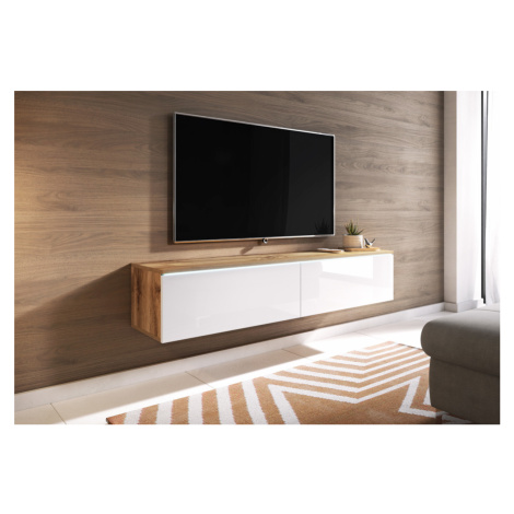Expedo TV stolík MENDES D 140, 140x30x32, dub wotan/biela lesk + LED