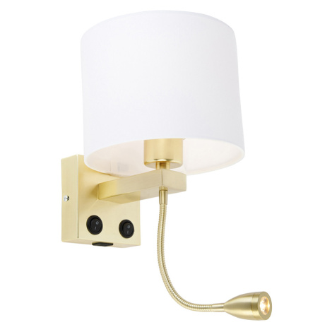 Nástenná lampa zlatá s USB a tienidlom biela 18 cm - Brescia Combi QAZQA