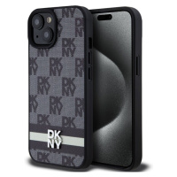 DKNY PU Leather Checkered Pattern and Stripe Zadný Kryt pre iPhone 15 Black