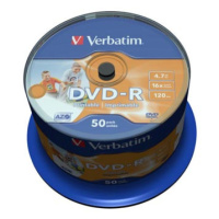 Verbatim DVD-R, Wide Inkjet Printable No ID Brand, 43533, 4.7GB, 16x, spindle, 50-pack, 12cm, pr