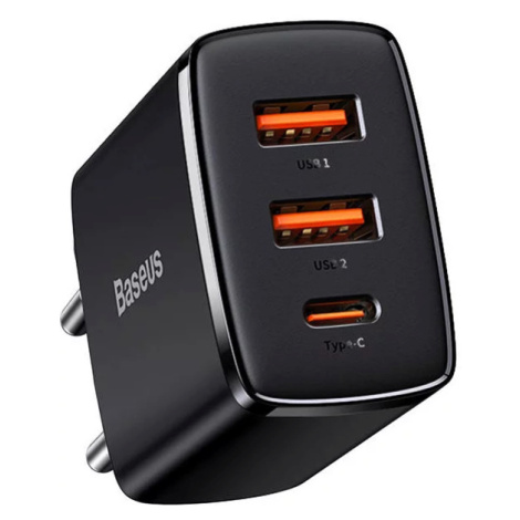 Nabíjačka Baseus Compact Quick Charger, 2xUSB, USB-C, PD, 3A, 30W (black)