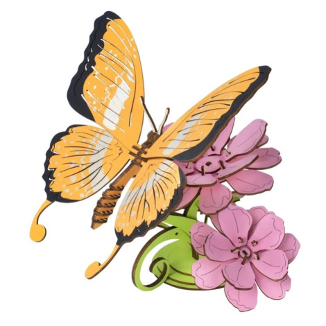 Woodcraft Drevené 3D puzzle Motýľ na kvetoch farebný