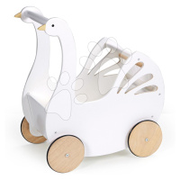 Drevený kočík labuť Sweet Swan Pram Tender Leaf Toys s textilným vankúšom a perinkou pre 36 cm b