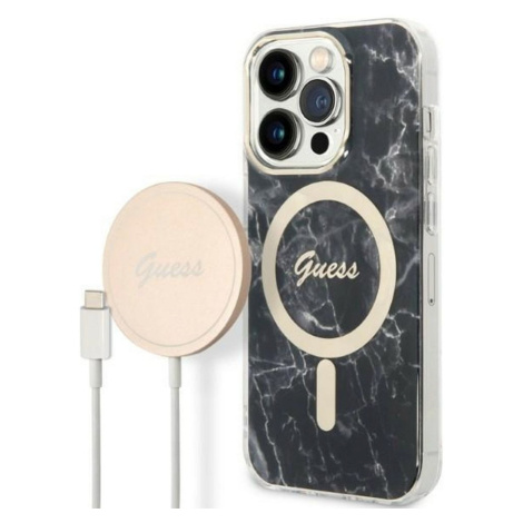 Set plastové puzdro a nabíjačka Guess na Apple iPhone 14 Pro GUBPP14LHMEACSK Magsafe IMG Marble 