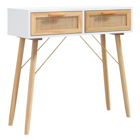 vidaXL KonzolovĂ˝ stĂ´l biely 80x30x75 cm masĂ­vna borovica a ratan