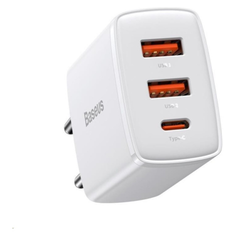 Baseus kompaktný rýchlonabíjací adaptér 2x USB-A, 1x Type-C 30W biela