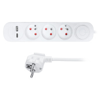 Solight 3z predlžovací prívod s USB A+C nabíjačkou 2,4A, 2m, 3 x 1mm2, biely, vypínač