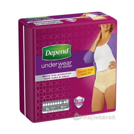DEPEND MAXIMUM XL pre ženy naťahovacie nohavičky, obvod bokov 120-150cm, priedušné, 9ks