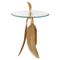 Estila Art-deco okrúhly príručný stolík Pluma so sklenenou vrchnou doskou a podstavou s dizajnom