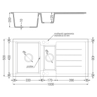 Mexen Andres, granitový drez 1000x500x200 mm, 1,5-komorový, šedá s čiernym sifónom, 6515101510-7