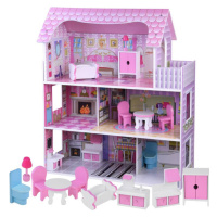 mamido Drevený domček pre bábiky s LED osvetlením ružový