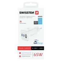 SWISSTEN SIEŤOVÝ ADAPTÉR GaN 2x USB-C 65W PD + 1x USB-A 18W QC BIELÝ