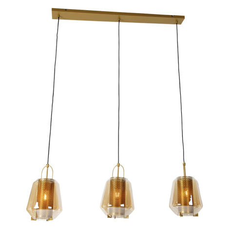 Závesná lampa zlatá s jantárovým sklom 23 cm podlhovastá 3-svetlá - Kevin QAZQA