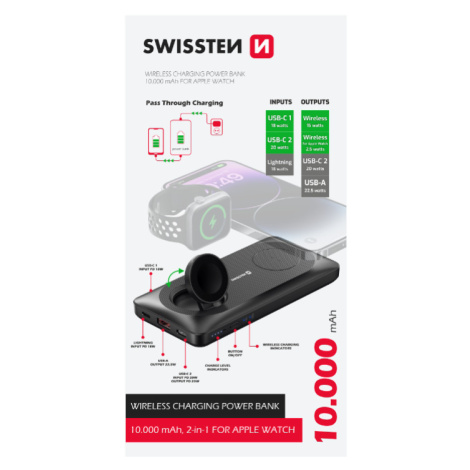 SWISSTEN Powerbank 2v1, 10000mAh, Magsafe Apple Watch, čierna