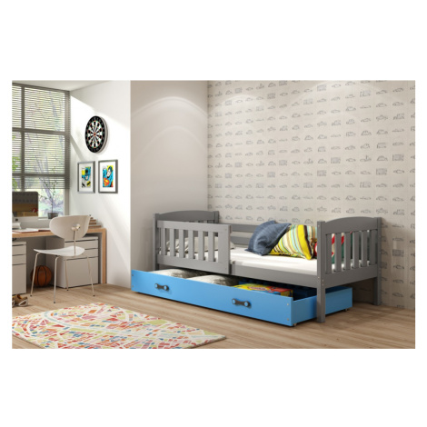 BMS Detská posteľ KUBUŠ 1 s úložným priestorom FARBA: Grafit 90 x 200 cm, DOPLNKOVÁ FARBA: Modrá