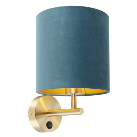Elegantná nástenná lampa zlatá s modrým zamatovým odtieňom - matná QAZQA