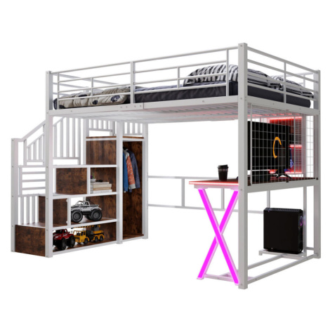 Modfu VYVÝŠENÁ posteľ z kovu a MDF 140x200 cm biela s LED osvetlením, stolom, skriňou a úložným 