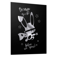 Čierny plagát so zrkadlovou grafikou strieborného ninja králika