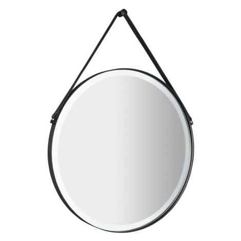 ORBITER kulaté LED podsvícené zrcadlo s koženým páskem, ø 70cm, černá mat ORL070 Sapho