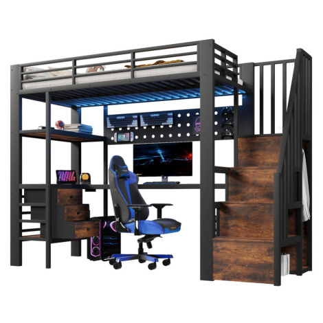 OKWISH VYSOKÁ posteľ 90/200 cm čierna z MDF a kovu s písacím stolom LED osvetlením a úložným pri