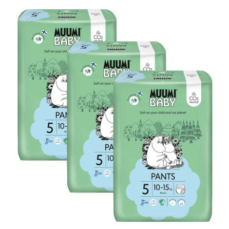 MUUMI Baby Pants 5 Maxi+ 10-15 kg (114 ks), mesačné balenie nohavičkových eko plienok