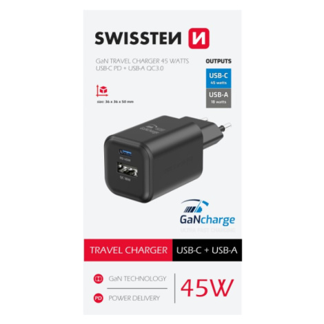 SWISSTEN GaN Travel Charger 1xUSB-C 45W PD + 1xUSB-A 18W QC čierna