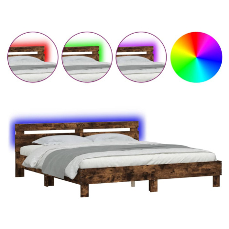 vidaXL Posteľný rám s čelom a LED dymový dub 160x200 cm