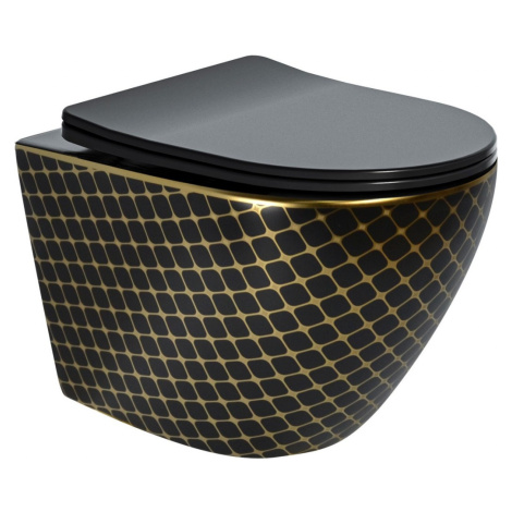 MEXEN - Lena Závesná WC misa vrátane sedátka s slow-slim, duroplast, čierna/zlatá vzor 30224079