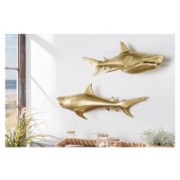 Estila Dizajnový set dvoch nástenných dekorácií žralok Perry v zlatej farbe z kovu 68cm