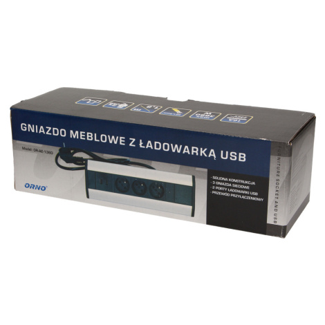 Nabytková rohová zásuvka 2x230V + 2xUSB čierna - 1,8m kábel (ORNO)