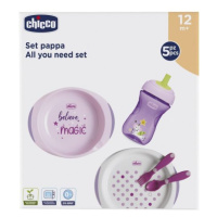 CHICCO Jedálenský set - taniere, príbor, pohárik, 12m+ ružový 200 ml