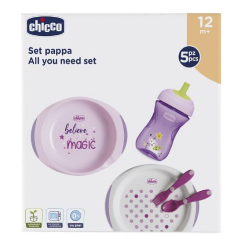 CHICCO Jedálenský set - taniere, príbor, pohárik, 12m+ ružový 200 ml