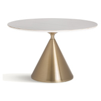 Estila Luxusný art deco biely okrúhly jedálenský stôl Cronos s kamennou vrchnou doskou a zlatou 