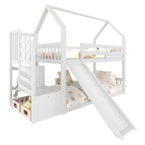 OKWISH POSCHODOVÁ posteľ 90/200 cm biela s úložnými schodmi a šmykľavkou z borovice a MDF