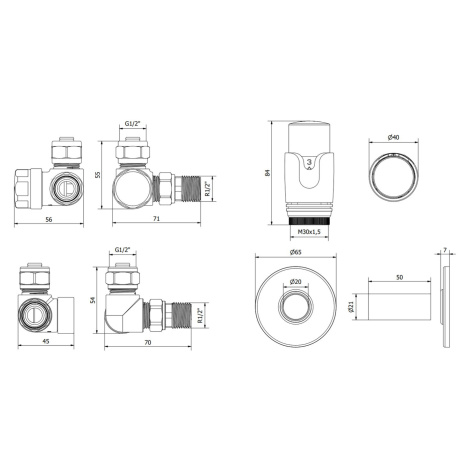 Mexen G00, axiálny ventil G1/2" s okrúhlymi krytkami a termostatickou hlavicou M30x1,5 mm, biela