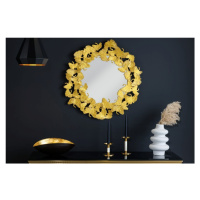 Estila Glamour okrúhle nástenné zrkadlo Ginko v zlatom prevedení s ozdobným kovovým rámom z list