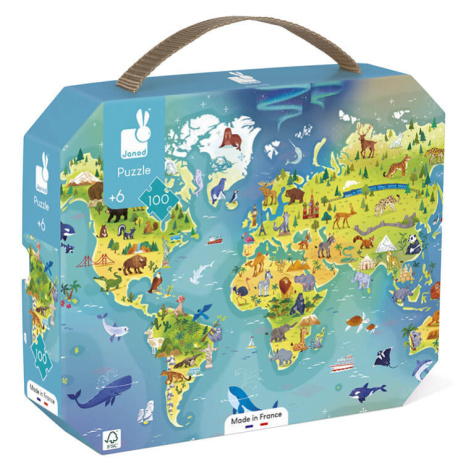 Puzzle pre deti Mapa sveta Janod v kufríku 100 ks od 6 rokov