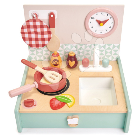 Drevená kuchynka v šuflíku Kitchenette Tender Leaf Toys s hodinami panvicou a potravinami