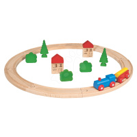 Drevená vláčikodráha Wooden Toy Eichhorn s doplnkami domčeky a stromy 20 dielov