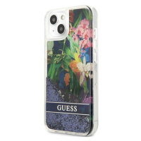 Plastové puzdro Guess na Apple iPhone 13 Pro GUHCP13LLFLSB Flower Liquid Glitter modré